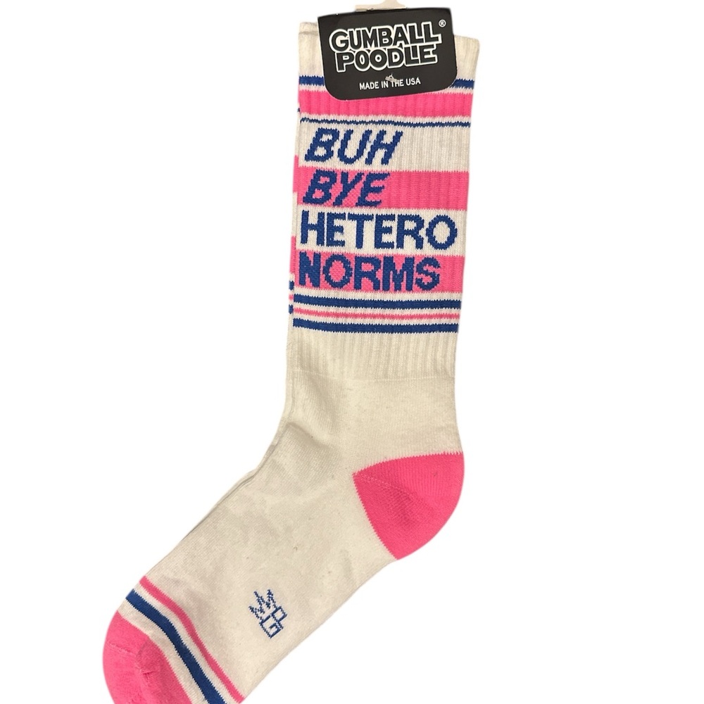 “buh bye hetro norms” Pink and Blue Casual Crew Socks with Retro Stripes